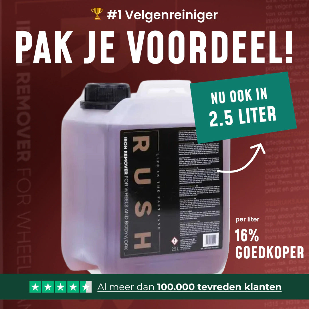 A 2.5-liter Iron Remover container for wheels and bodywork is displayed against a maroon background, with text noting a 16% discount per liter and over 100,000 satisfied customers.
